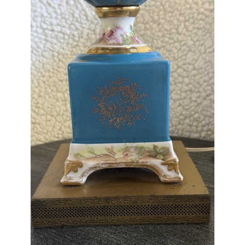 Vtg French Sevres Style Porcelain Urn Lamp Blue Floral Gold Signed Antique Decor - Picture 10 of 12